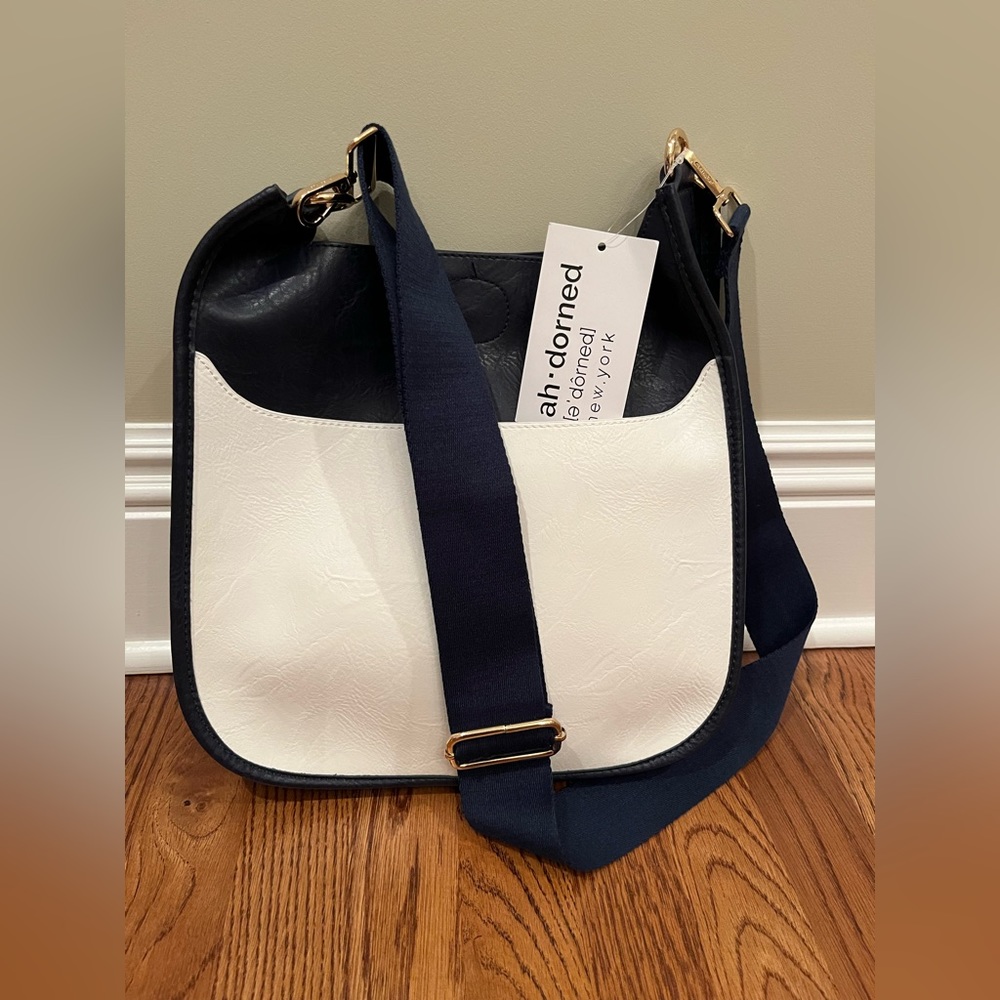 Ladies Navy and white leather messenger bag